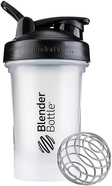 The original Blender Bottle, a plastic shaker bottle with a stainless steel ball to mix protein powder with your beverage.