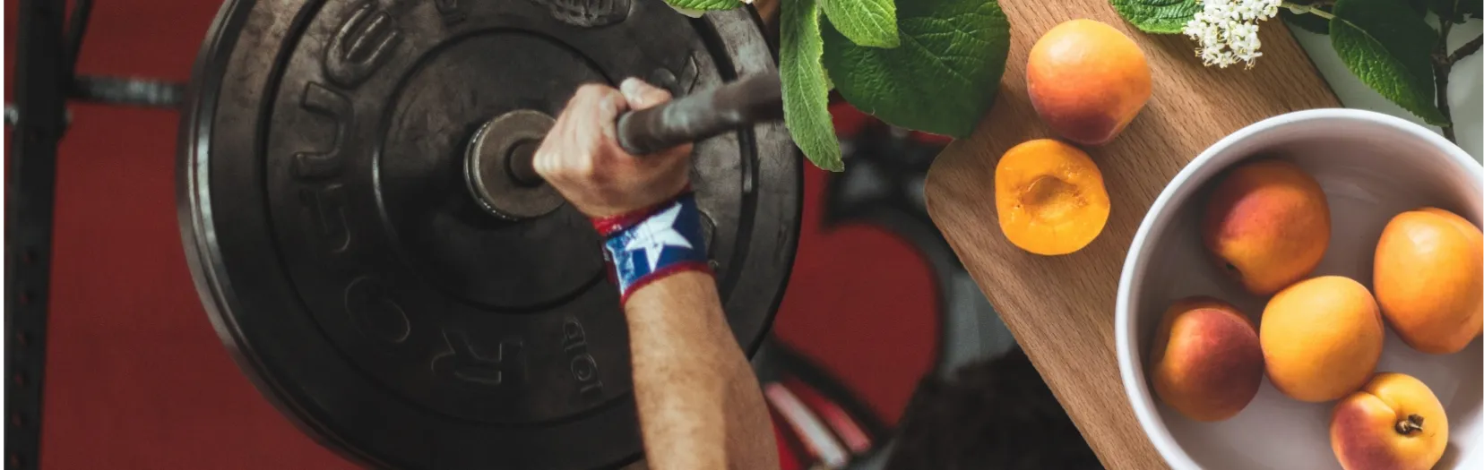 A two framed photo showing a portion of someone lifting heavy weights and on the other side a healthy tray of fresh fruits. Our category of Fitness & Health found at Ads4Dads.com