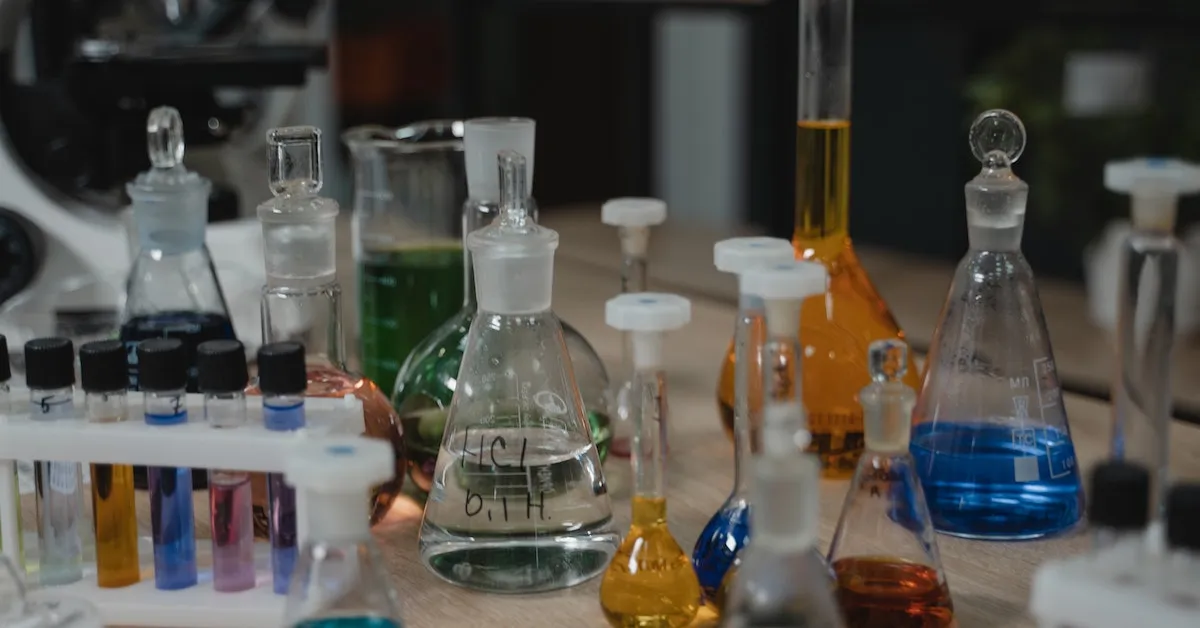 Many different laboratory style glass containers filled with different colored chemicals. Learn about the common chemicals in our deodorant and the healthy options available.