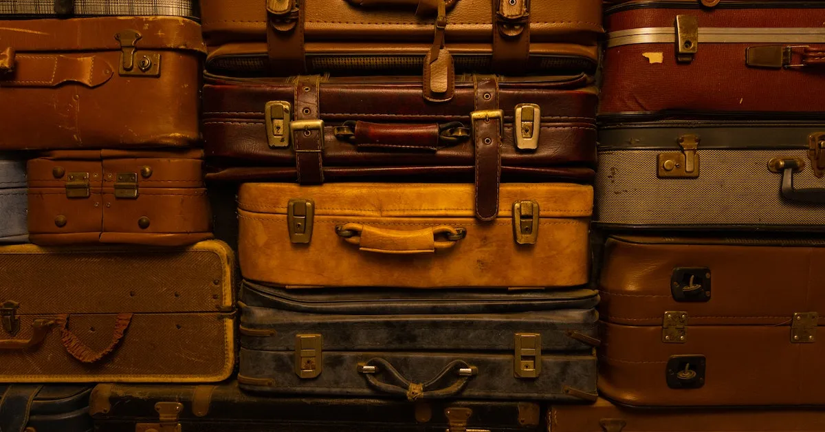 Many old, leather style suitcases stacked very high. All different colors and designs. This image is similar to the baggage we carry throughout our life such as insecurity and anger. Learn how to shed some of that baggage in this article.