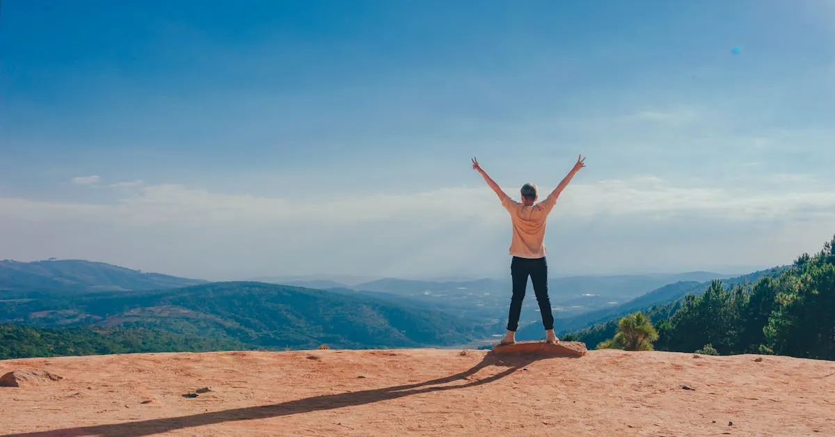 A person standing with there arms lifted high expressing joy and freedom. They are standing in from a a vast mountain top view that can be seen for miles. Learn how to find freedom here in this article.