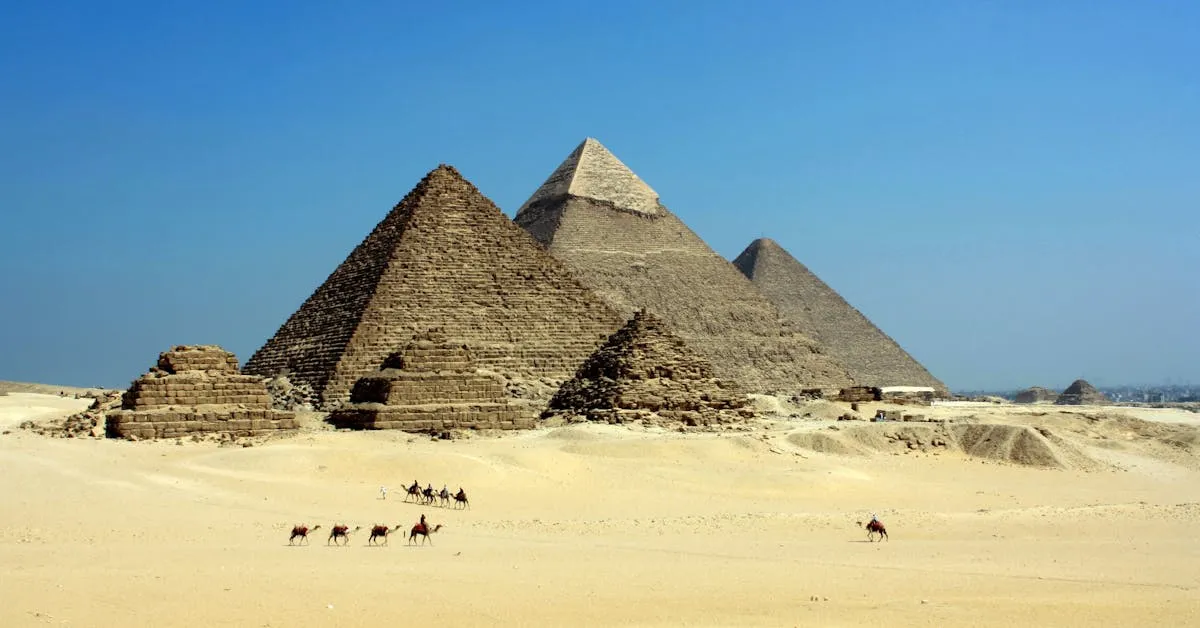 A view of the pyramids in Egypt. There is a blue sky and many camels walking in front. Do you believe that God saved the Israelites from Egypt?