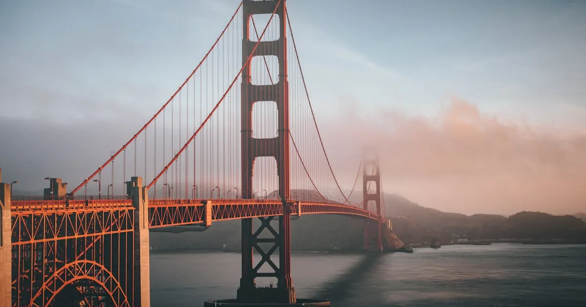 A beautiful side view of the Golden Gate Bridge, San Francisco, California, USA. with a light blue sky gentle pink clouds from the sunrise. -Jesus is our support when we feel alone.