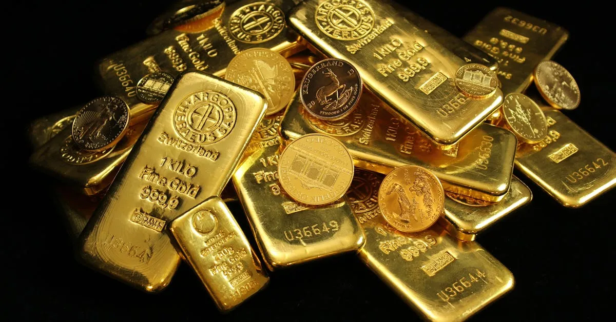 A large pile of gold bars and gold coins. Find treasure that lasts forever!