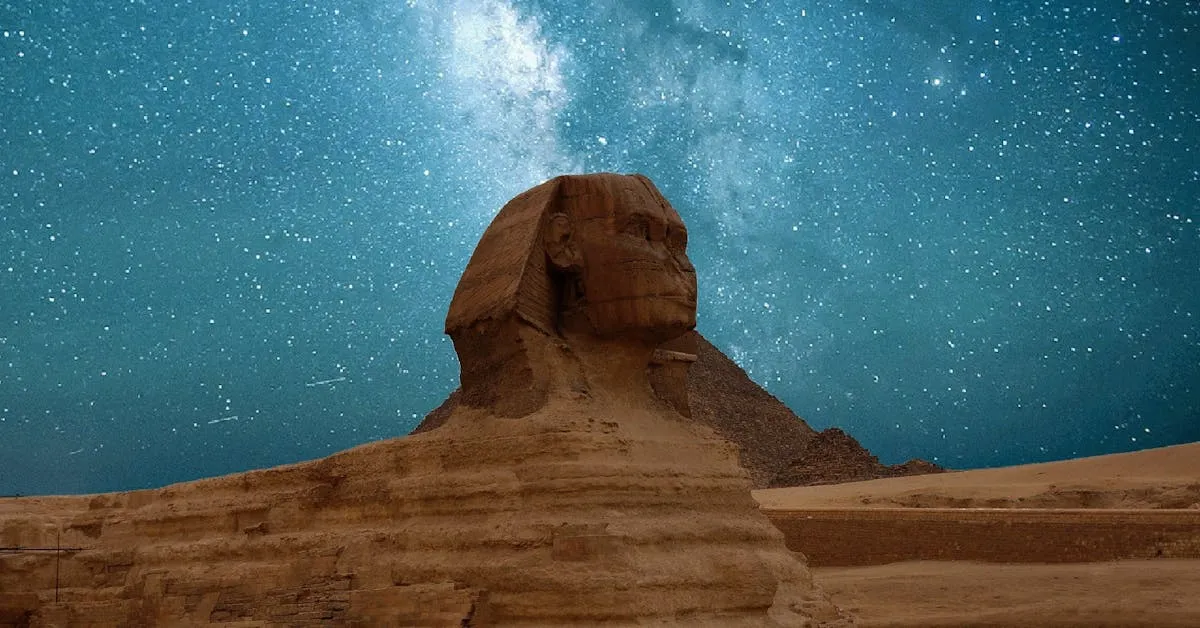 The Great Sphinx of Giza at night with millions of stars in sight with other cosmic glows in the sky. Do you believe in the supernatural?