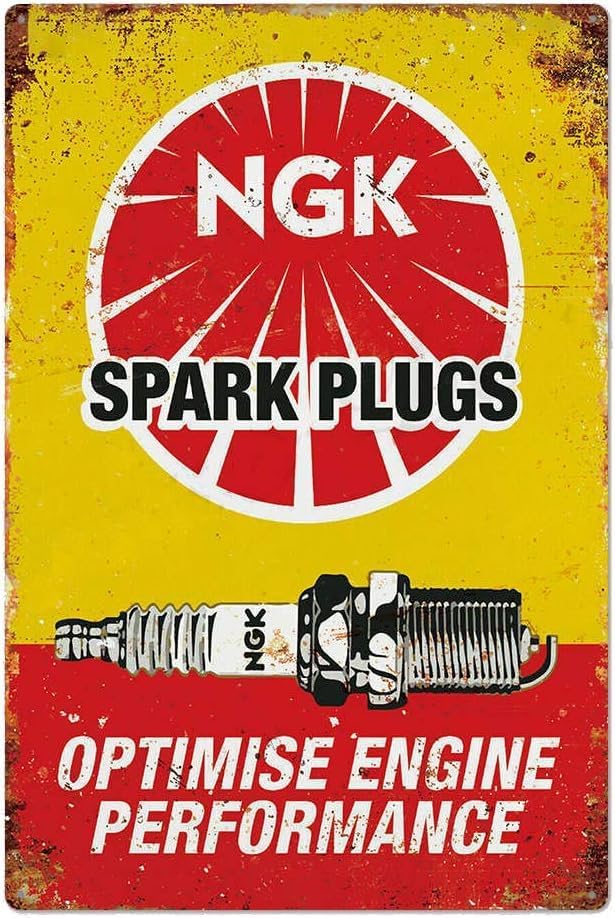 A very old sign that reads "NGK spark plugs" "optimise engine performance"