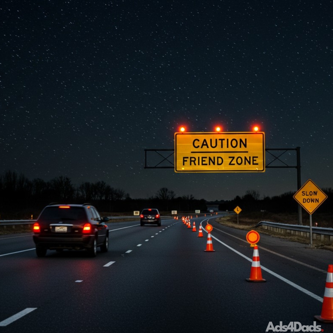 A highway with one car heading into the background on a dark night. There are orange traffic cones on the right lane with a sign that reads “slow down:. A large flashing road construction sign in the distance reads: “CAUTION, FRIEND ZONE”.