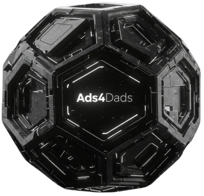 A black futuristic image in the shape of polygon with the Ads4Dads logo in the center.