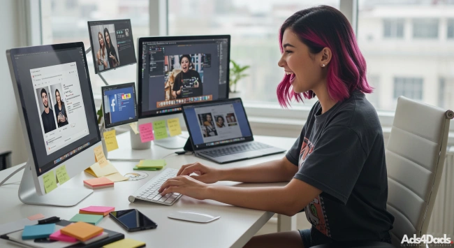 A woman happily working on multiple projects and having fun. She loves to create and share thoughtful social media posts Just like the ones found on Ads4Dads.com Shareable Media Gallery