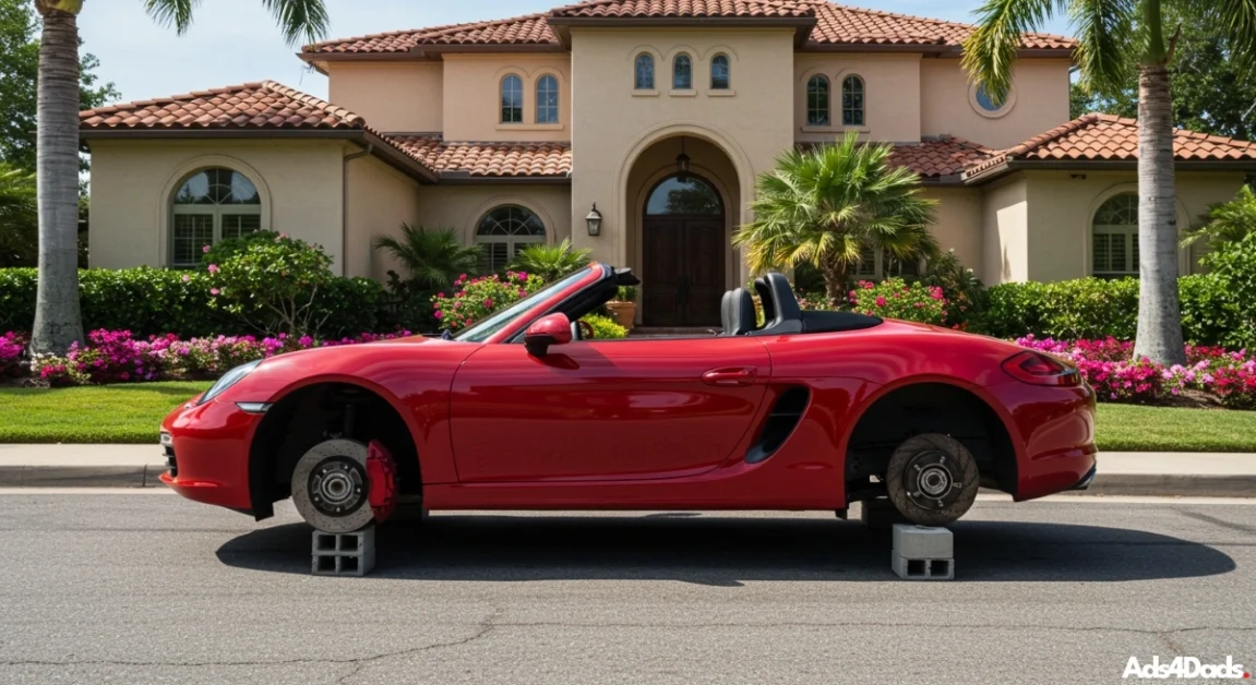 A beautiful red Porsche convertible parked in front of a nice home. The vehicle just had all of its wheels stolen and it's resting on cement blocks.