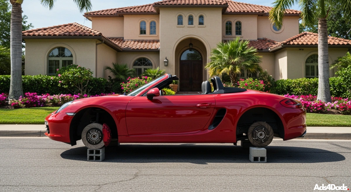 A beautiful red Porsche convertible parked in front of a nice home. The vehicle just had all of its wheels stolen and it's resting on cement blocks.