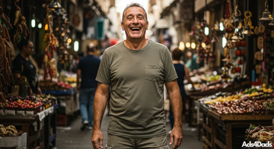 A man standing in a market who decided to stop, enjoy the moment, and be happy. Learn more about being happy and living a balanced life.