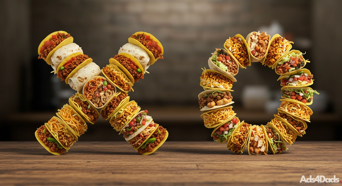 Two large stacks of tacos and burritos in the shape of an X & O. Each representing how fun it is to play tic-tac-toe but with tacos and burritos instead. #Tic-Tac-Taco