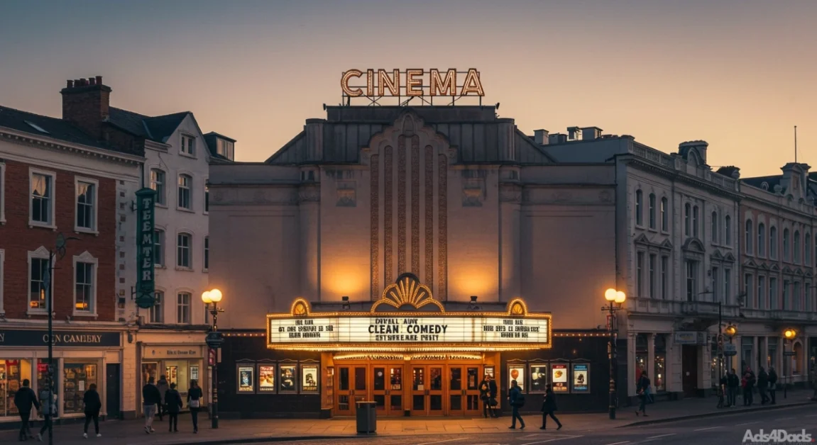 A beautiful cinema with the phrase "Clean Comedy" in the marquee