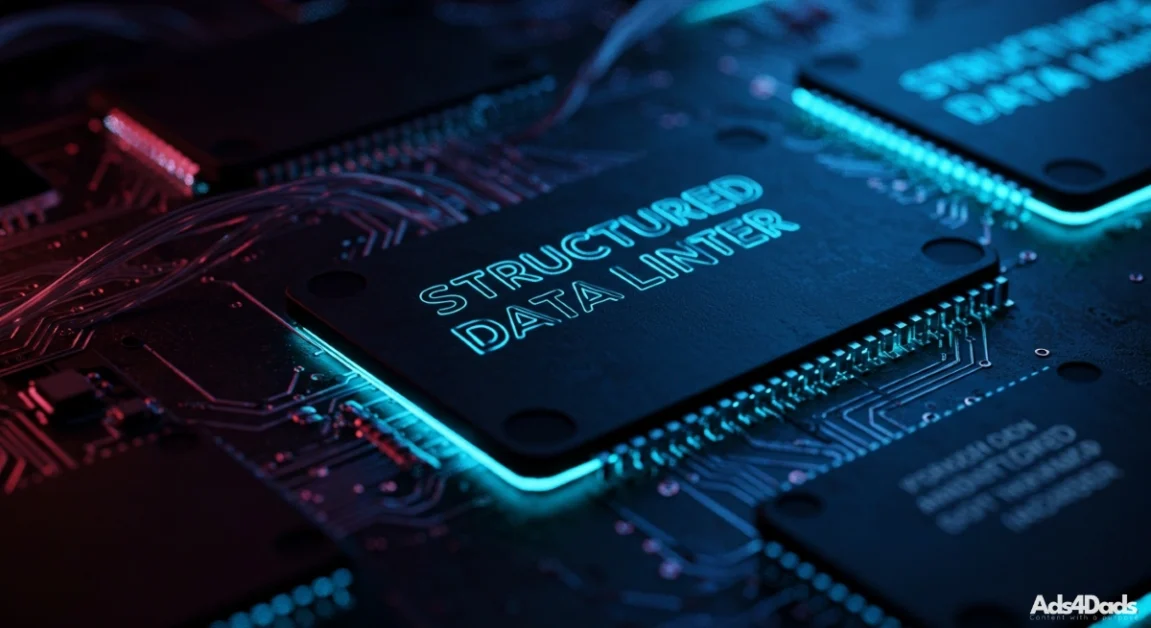 A futuristic-computer circuit board with the phrase: "Structured Data Linter" glowing on the front. Check out our latest article about structured data linters.