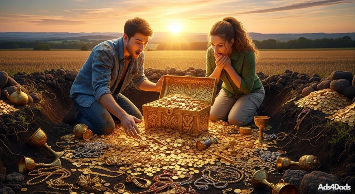 A man a woman found treaure in a field and are completely amazed.