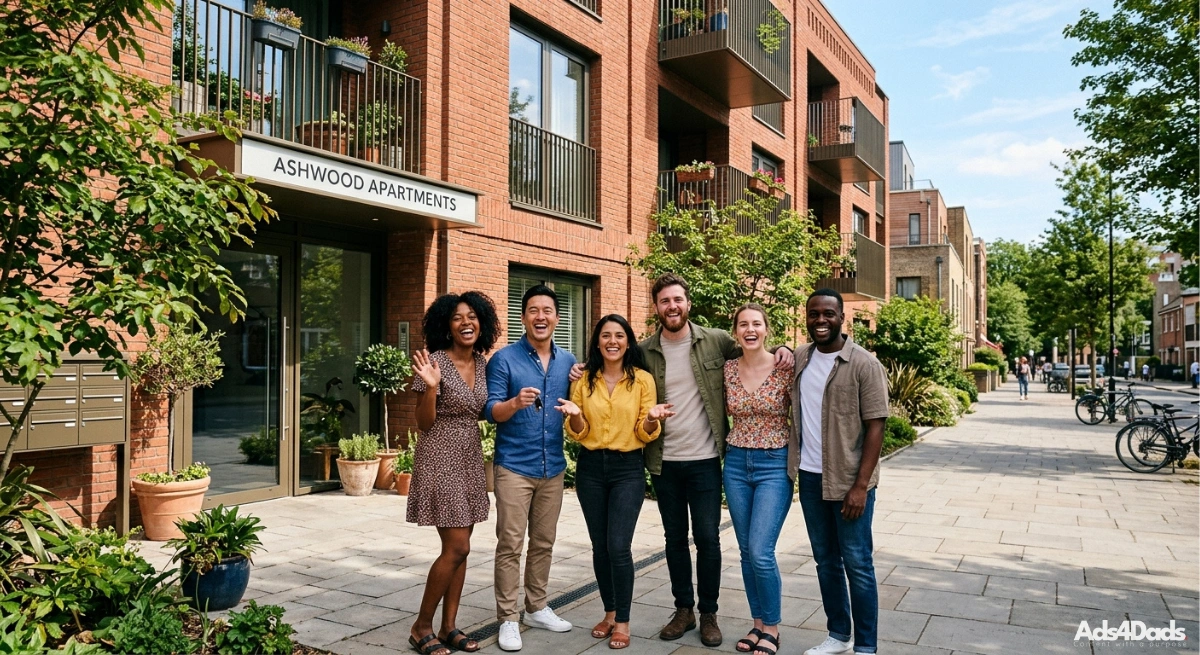 A group of residents standing in front of their flat (apartment), and enjoying the community and nice neighborhood.